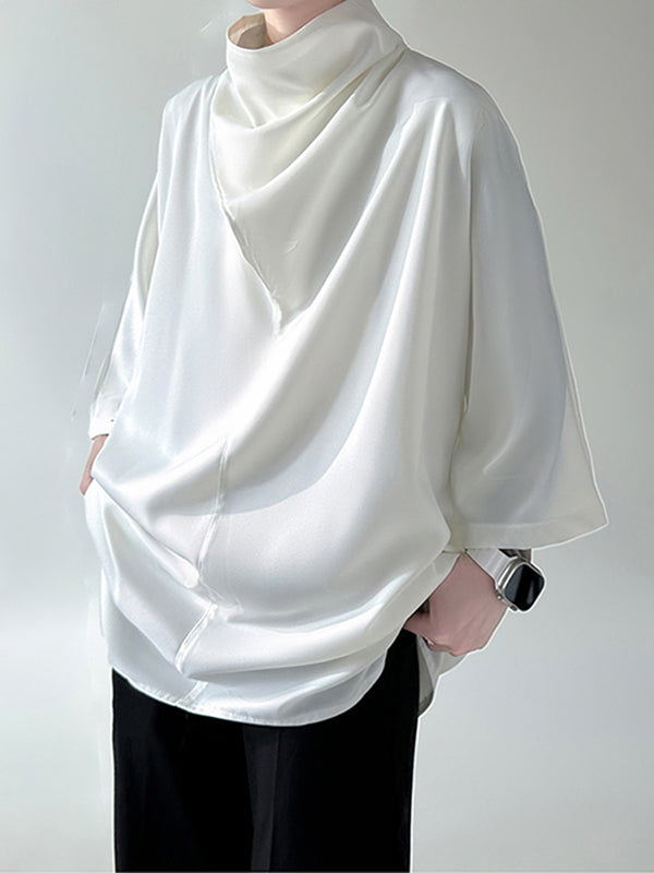INCERUN Mens Shirt Simple Silky Stacked Collar Shirt Fashion Loose Fit Summer Half Long Sleeve Tops Men