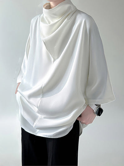 INCERUN Mens Shirt Simple Silky Stacked Collar Shirt Fashion Loose Fit Summer Half Long Sleeve Tops Men