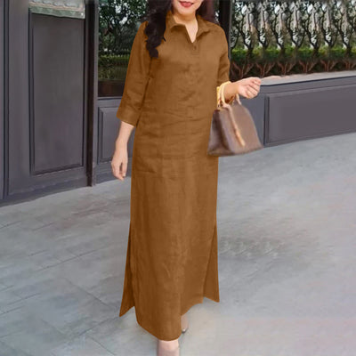 LinkMejor Women's Dresses Turn-Down-Collar 3/4 Sleeve Elegant Office Side Split Plain Maxi Shirt Dress