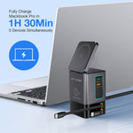 [GaN Tech]LinkMejor BW-i116 Max 105W 6-in-1 Power Combo Desktop Charger Station with Built-in Dual Telescopic Type-C Cable + USB-A+USB-C + 2-in-1 Wireless Charger for Smart Phones for iPhone 16 16 Pro 15 14