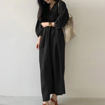 LinkMejor Women Maxi Dresses Solid Color Seven-quarter Length Lantern Sleeves Long Dresses Plus Size Women Dresses