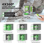 Huepar ZK04CG 4D 16 Lines Green Laser Level 4x360 Pulse Mode Self-Leveling ±2mm/10m Accuracy Rechargeable 8000mAh Battery IP54 Type-C Remote Control Easy Alignment Construction Tool
