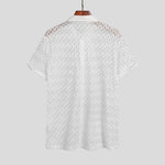 Men Lace Floral See Through Short Sleeve Lapel Collar Shirt