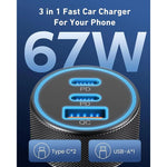 3-Port USB C Car Charger Adapter 67W Car Charger Dual USB-C & USB-A Car Power Adapter PD/QC Fast Charging for iOS and Android Devices