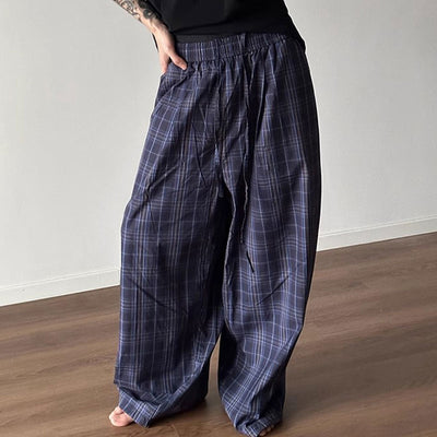 INCERUN Men Plaid Pants Comfortable Elastic Waist Pockets Trousers Casial Loose Fit Wide Leg Home Pant for Big Men Daily Large Size S-5XL