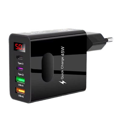 ADC-F004 45W 4-Port USB PD Charger 2USB-A+2Type-C PD QC3.0 Fast Charging Digital Display Wall Charger Adapter EU Plug US Plug for Huawei Pura 70 Ultra for Xiaomi Civi 4 Pro for Samsung Galaxy Z Flip6 for Oppo Reno 12