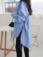 Women Lape High Low Split Tie Hem Irregular Hem Long Sleeve Shirts