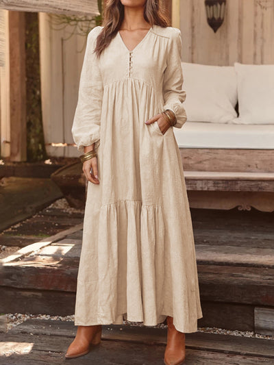 LinkMejor Plus Size Women Long Dress Solid Color V-neck Long Sleeve Causal Maxi Dress