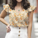 LinkMejor Women's Blouse Vintage Shirt Summer Ruffle Short Sleeve V-Neck Floral Loose Hot Selling Style Top Pullover