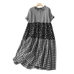 LinkMejor Women Loose Patchwork Check Floral Dress Stylish Short Sleeve Pleated Crew Neck Shirt Dress for Women Plus Size