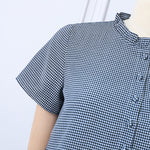 LinkMejor Women Loose Patchwork Check Floral Dress Stylish Short Sleeve Pleated Crew Neck Shirt Dress for Women Plus Size