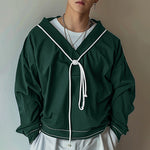 LinkMejor Mens Twist Patchwork V-Neck Long Sleeve T-Shirt Fashion Solid Color Drawstring Design Tshirt