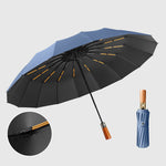 16-Bone Double Fully Automatic Rain Umbrella Keel Wooden Handle Sun Protection Umbrellas Large Folding Business Umbrella For Sunny Rainy Days