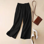 LinkMejor Women Cotton Elastic Waist Solid Color Long Pants Casual Loose Straight Trousers