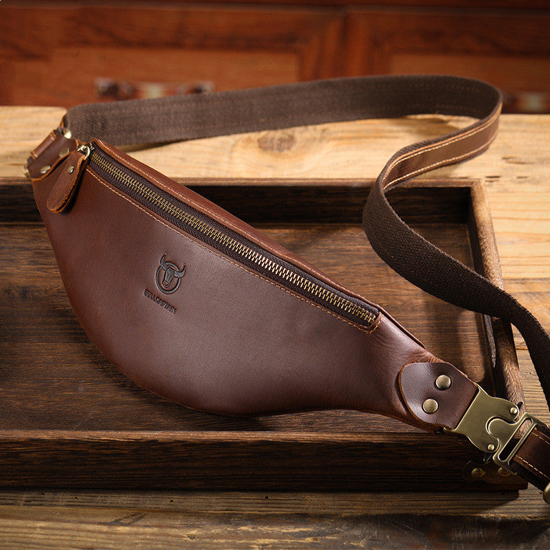 LinkMejor Genuine Leather Men's Belt Bag Crazy Horse Leather Casual Crossbody Bag Classic Retro Chest Bag Outdoor Storage Mountaineering Mobile Phone Bag Waist Bag