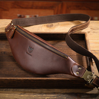 LinkMejor Genuine Leather Men's Belt Bag Crazy Horse Leather Casual Crossbody Bag Classic Retro Chest Bag Outdoor Storage Mountaineering Mobile Phone Bag Waist Bag