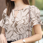 LinkMejor Women's Summer Elegant Print Blouse Casual Flare Sleeve O-Neck Cutouts Tops
