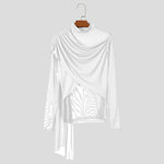 LinkMejor Men Cross-Deconstructed Ribbon Design Long Sleeve Top T-shirts Fashion Solid Color See-through High Stretch Clothing for Men