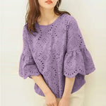 LinkMejor Women Korean Casual Shirt Daily Embroidery Hollow Ruffle Sleeve Blouses