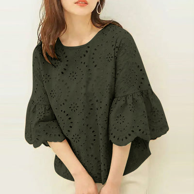 LinkMejor Women Korean Casual Shirt Daily Embroidery Hollow Ruffle Sleeve Blouses