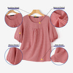 LinkMejor Women Plaid Blouses Shirt Trendy Casual Round Neck Top with Pleats Short Lantern Sleeves Shirt Loose Fit