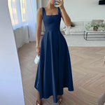 LinkMejor Womens Collect Waist A-Line Sundress Elegant Party Square Neck Tank Dress