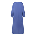 LinkMejor Women Vintage Round Neck Denim Dresses Casual Lantern Sleeve Solid Maxi Dress
