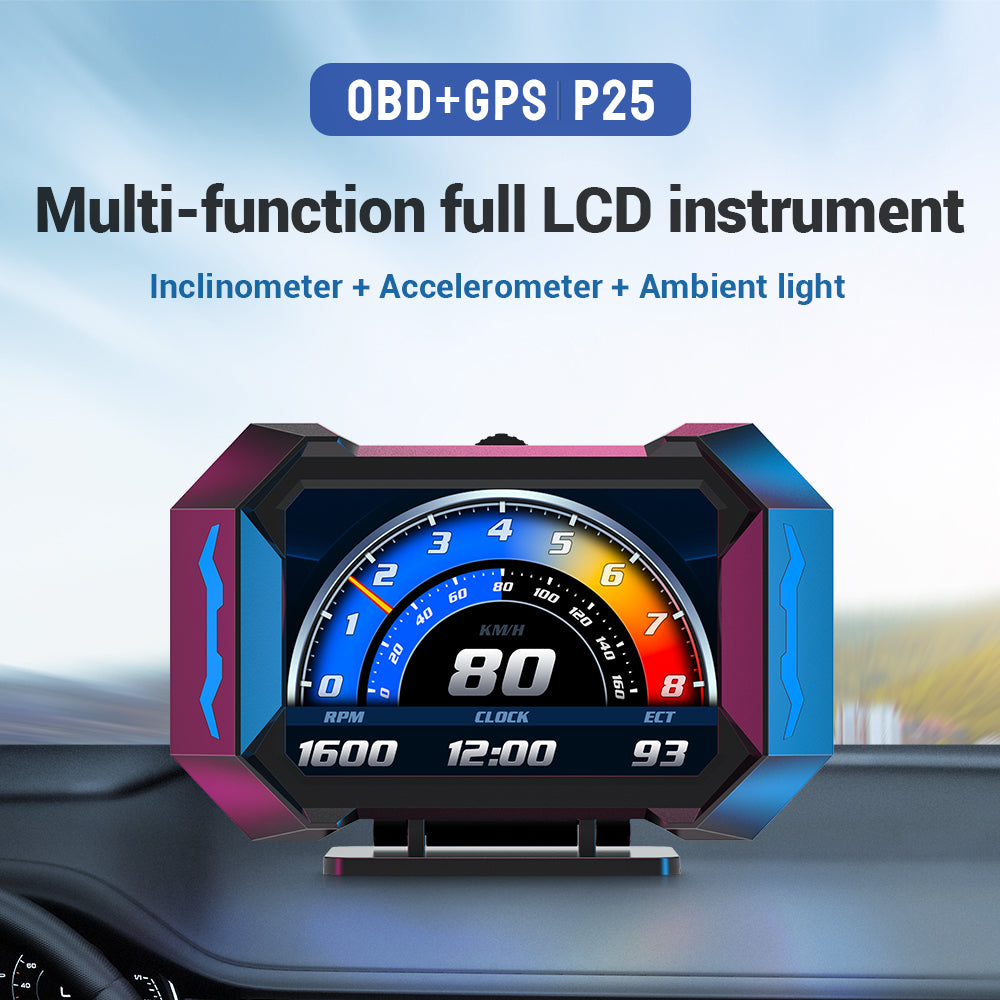 P25 Car HUD Head-up Display LCD OBD Multifunctional Incline Meter  Displaying Car Speed  Water Temperature  Fuel Consumption