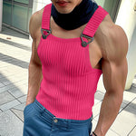 LinkMejor Mens Solid Knit Textured Sleeveless Vest Fashion Solid Color Metal Button Strap Tank Top for Men