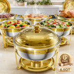 LinkMejor 6.5QT Chafing Dish Buffet Set with Lid 2/4/6 Pack Round Food Warmer for Catering Buffet with Lid Holder Stackable Rolled-Rim Food-Grade Stainless Steel Chafer for Parties Weddings & Banquets