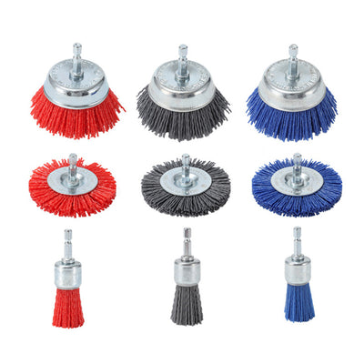 9 PCS Filament Abrasive Nylon Wire Brush Wheel Set Rust Paint Remover 1/4 Inch Hex Drill Shank Metal Wood Plastic Cleaner Light Sanding Deburring Cleaning Tools