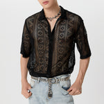 LinkMejor Men's Hollow Lace Loose Short Sleeve Shirts