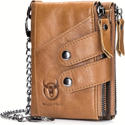 LinkMejor Genuine Leather Mens Wallet RFID Blocking Short Wallet with Chain Multifunction Card Holder Double Zipper Coin Purse Money Clip Compact Storage Bag Stylish