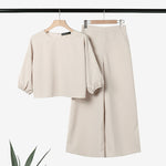LinkMejor Women Casual Solid Top Pant Sets Spring Summer Puff Sleeve Top Wide Leg Trouser 2pcs Outfits Daily 2 Pieces Womens Suits 5XL Autumn
