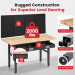 LinkMejor 60" Adjustable Height Workbench With Drawers Rubberwood Top Pegboard Power Outlets 28" To 40" 2000 Lbs Heavy Duty Work Table