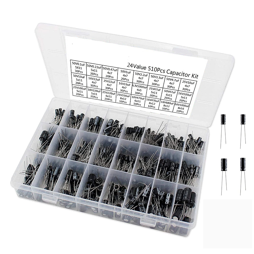 510pcs 24 Values10v/16v/25v/50v (0.1uf~1000uf)Electrolytic Capacitor Assorted Capacitors Assortment Samples Electronic Kits