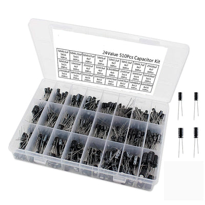 510pcs 24 Values10v/16v/25v/50v (0.1uf~1000uf)Electrolytic Capacitor Assorted Capacitors Assortment Samples Electronic Kits