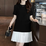 LinkMejor Fashion Style Womens Temperament Pleats Splicing Dresses Ladylike Short Sleeved Mini Contrast Dress