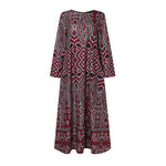 LinkMejor Womens Ethnic Long Dress Vintage Floral Casual Holiday Long Sleeve O-Neck Maxi Dress