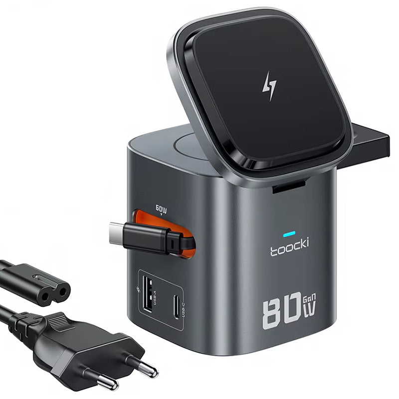 [GaN Tech] Toocki MX-CD155 80W 6-in-1 Desktop Charger Station USB-A+USB-C+USB-C Cable+3 Magnetic Wireless Charging Ports Fast Charging Desktop Charging Station EU Plug for iPhone 17 17Pro 16 Pro Max 15 14 for Airpods for Apple Watch