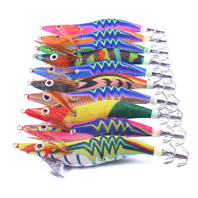 LinkMejor 10pcs Luminous Wooden Shrimp Fishing Lures Artificial Squid Hook Hard Bait for Octopus Cuttlefish