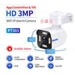 LinkMejor PT303 3MP WiFi IP Alarm Camera Wireless Color Night Vision Human Detection Two Way Audio IP66 Audible Alarm H.265 APP Control PTZ Cameras