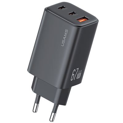 [GaN Tech] USAMS CC265 67W 3-Port USB Charger 2USB-C+USB-A Fast Charging Wall Charger Adapter EU Plug for iPhone 16 16 Pro 15 14 13 Pro Max for Xiaomi 15pro for Samsung Galaxy S25 Ultra