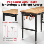 LinkMejor 48" Adjustable Heavy Duty Workbench 2000 LBS Load Capacity Rubberwood Work Table with Pegboard Power Outlets Work Bench for Garage Workshop Office Home Commercial