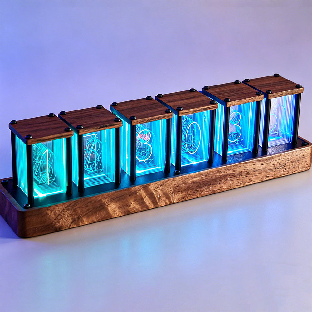 NIKOLATOY Full-Color Six-Tube Simulated LED Clock with Digital Ambient Light Creative Retro Walnut Wood RGB Glow Tube Clock Exquisite Desktop Ornaments