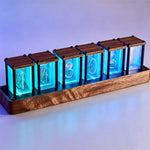 NIKOLATOY Full-Color Six-Tube Simulated LED Clock with Digital Ambient Light Creative Retro Walnut Wood RGB Glow Tube Clock Exquisite Desktop Ornaments