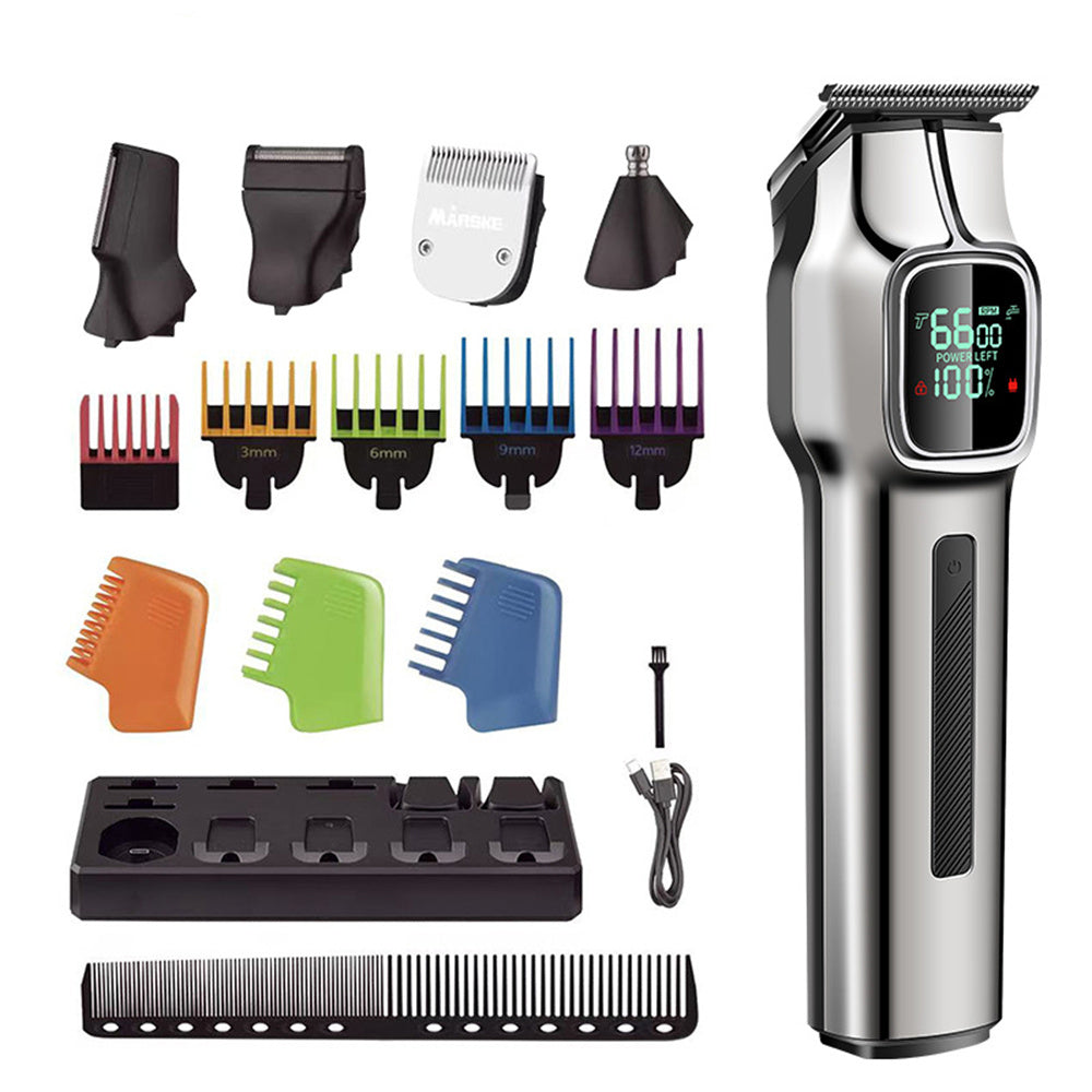 LinkMejor MS-5077 5-in-1 Hair Clipper & Trimmer Kit with Chargine Base LED Display 5 Heads for Beard Nose Body Grooming 180Min Use & USB Charging