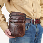 Ekphero Men's Genuine Leather Crossbody Bag with Zipper Mobile Phone Shoulder Bag Small Travel Waist Bag Multi-Pockets Male Belt Waist Packs