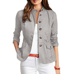 LinkMejor Womens Fashion Button Down Front Side Pocket Outwear Casual Long Sleeve Stand Collar Jackets