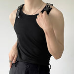 LinkMejor Mens Tank Top Fashion Leather Shoulder Strap Design Solid Color Knitted Vest Summer Sleeveless Men's Undershirts